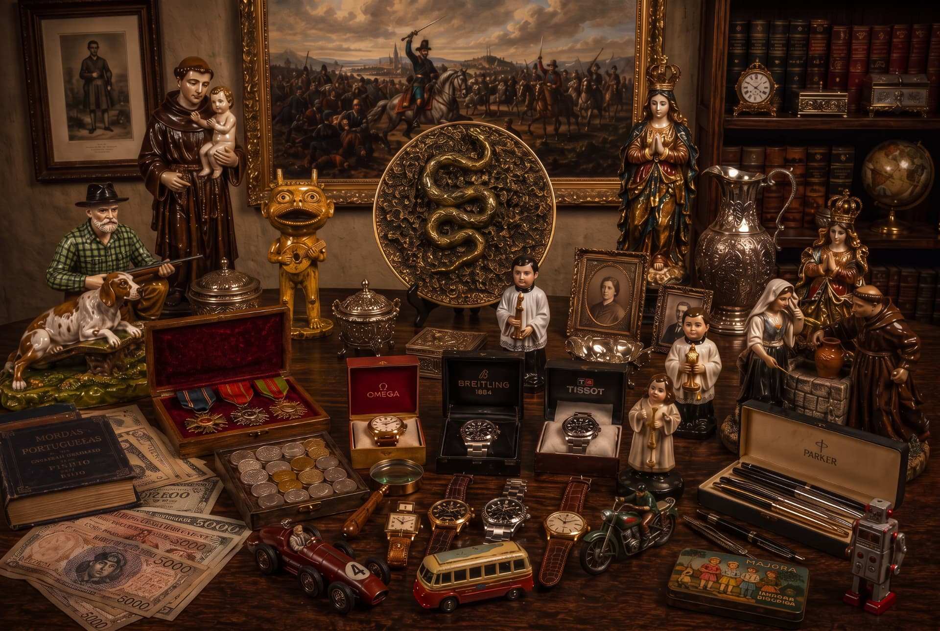 Antiguidades portuguesas na Casa Visconde: prata, pintura, livros, porcelana, relógio e imagem de Santo António